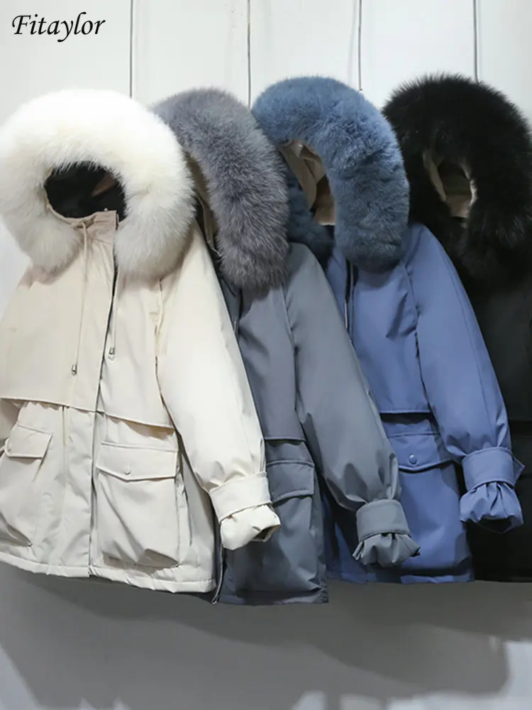 Fitaylor chaqueta de invierno para mujer, abrigo grande de piel de zorro Natural, plumón de pato blanco, Parkas gruesas, faja cálida, atado con cremallera, prendas de vestir exteriores para nieve