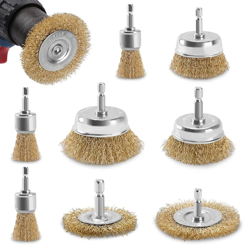 

Wire Wheel Cup Brush For Drill, 9 Pack Carbon Steel Bristles Wire Brush Set Coarse Crimped Abrasive Brass Coated Brushes