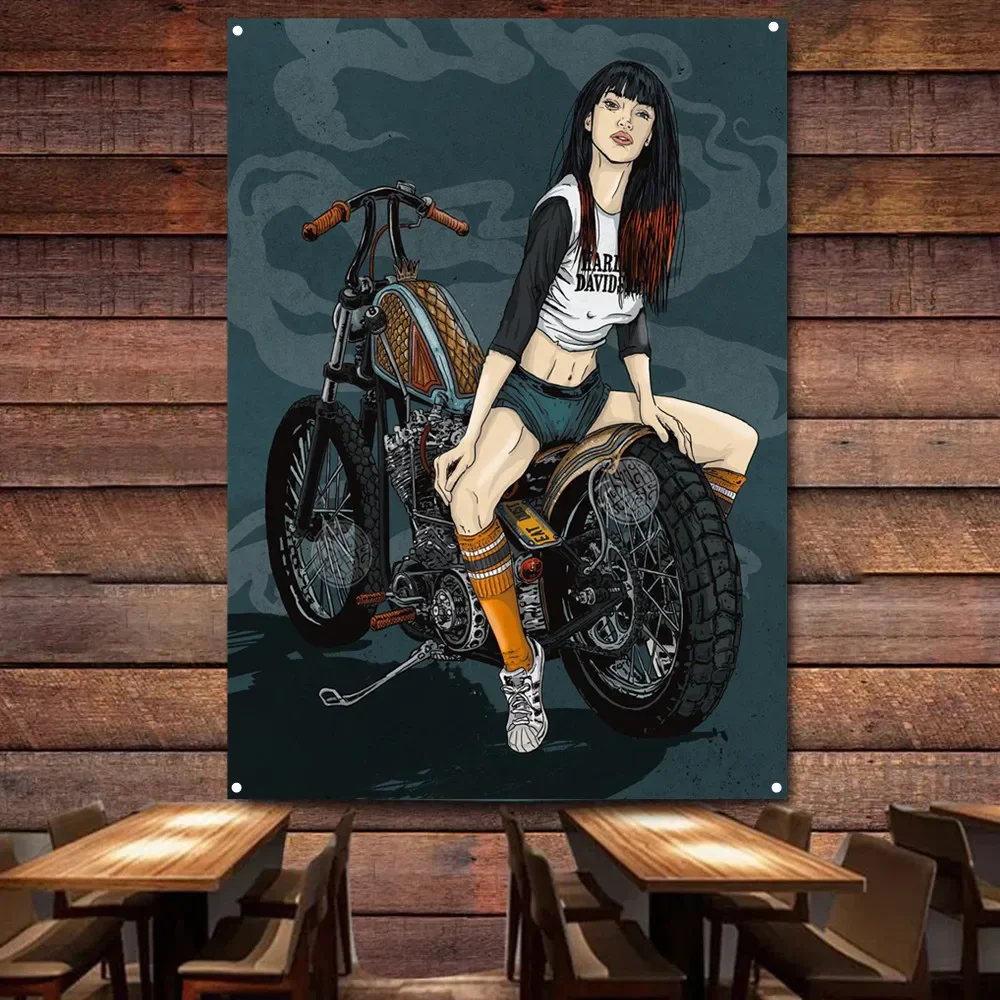 

Girl on Motorcycle Art Poster Wall Hanging Painting Garage Flag Auto Repair Shop Gas Station Wall Decor Banners Home Tapestry