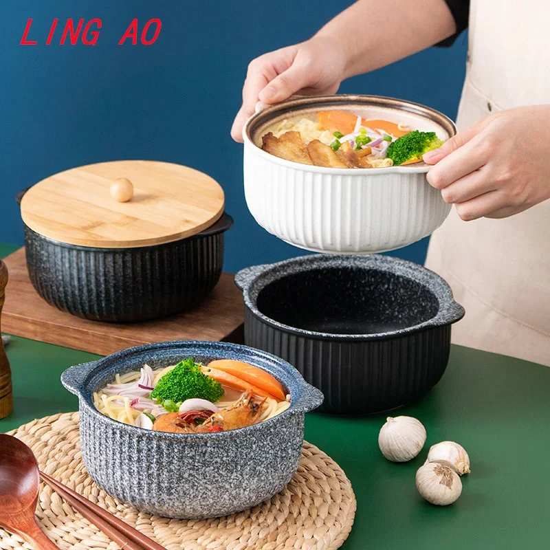 LingAo-vajilla de cerámica japonesa, tazón grande para fideos instantáneos de 2 orejas con tapa para dormitorio de estudiantes,