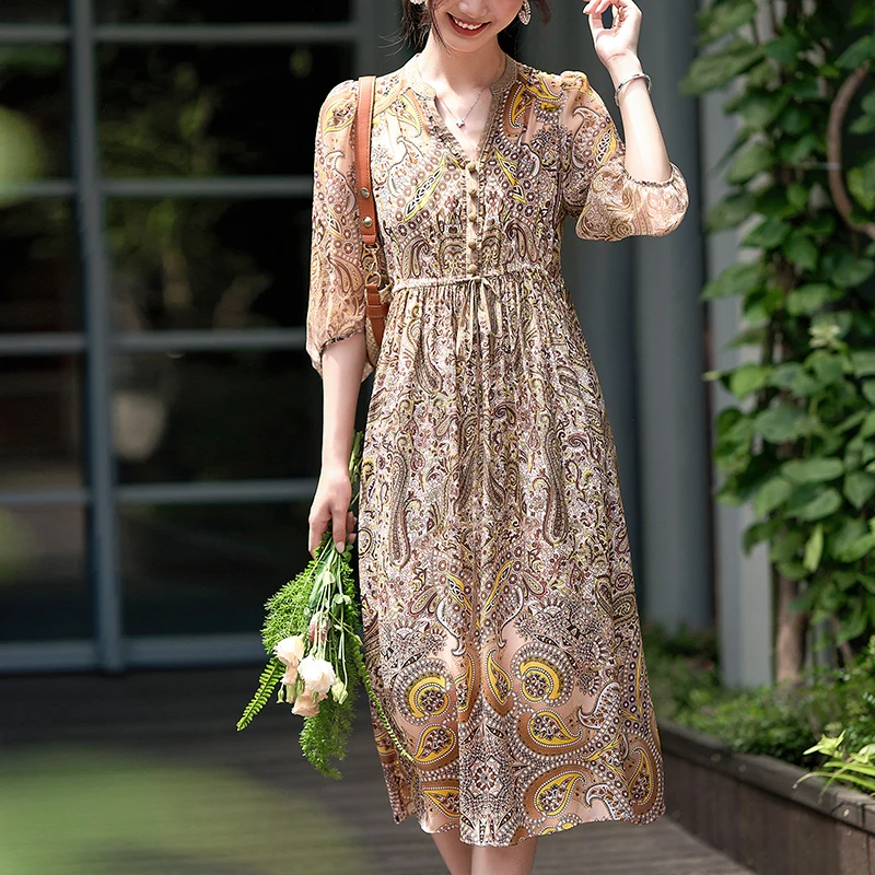 Summer Dresses for Women 2026 Holiday Style Elegant V-neck Three Quarter Sleeve Vintage Print 100% Real Silk Woman Long Dress