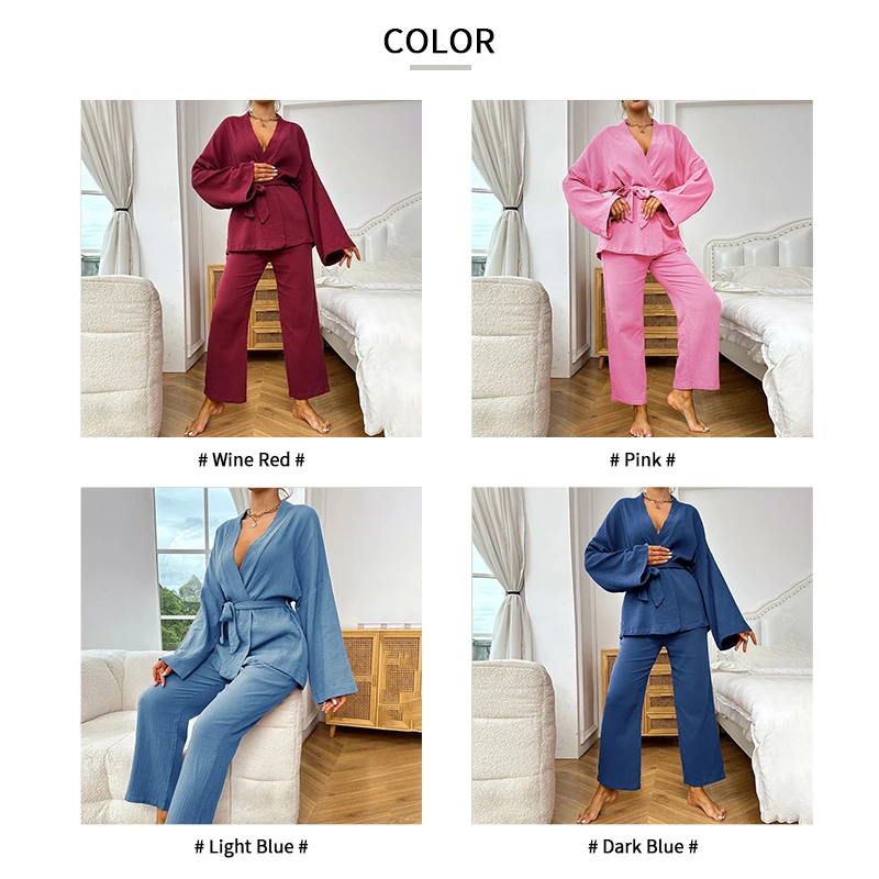 Pajama Set For Women 100% Cotton Long Sleeve Robes and Trouser Suit Nightwear Pyjamas Soft Sleepwear Robe Homewear With Belt