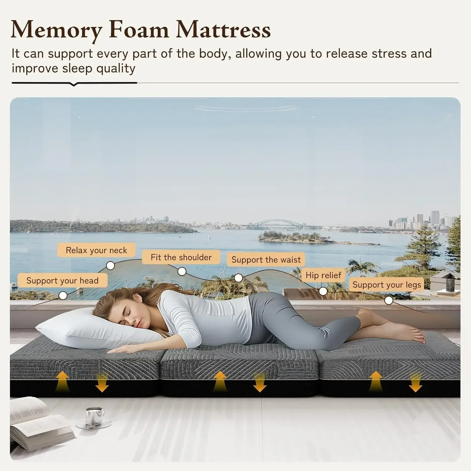 Tri Folding Mattress Queen Size - Memory Foam Tri-fold Handle & Non-Slip Bottom, Portable Foldable Sofa Bed Floor Chair