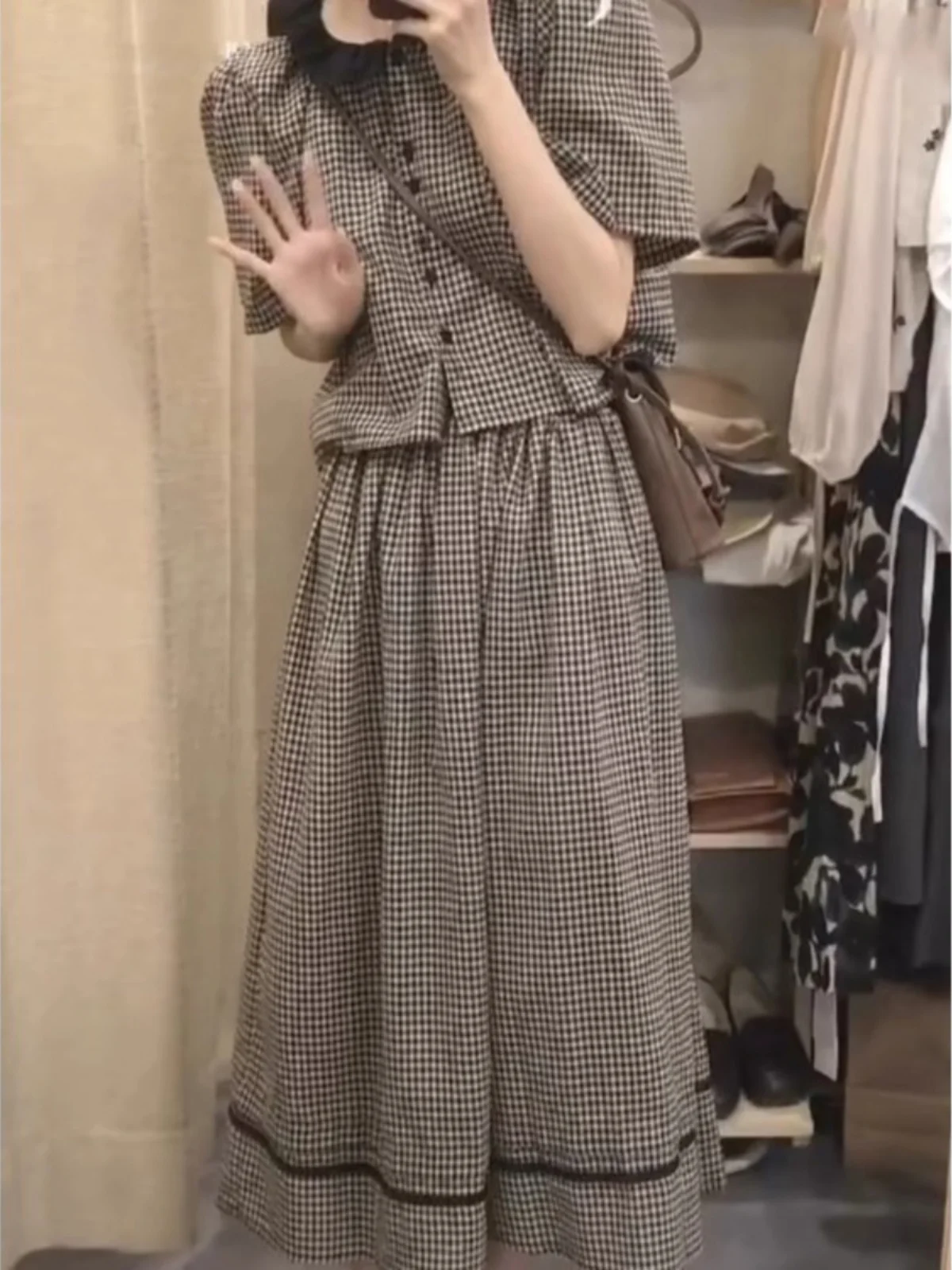 

Faionable Cotton Linen Plaid Set ort Sve Doll Collar ort irt Mid-Length Skirt Two-Piece Set Summer Sle