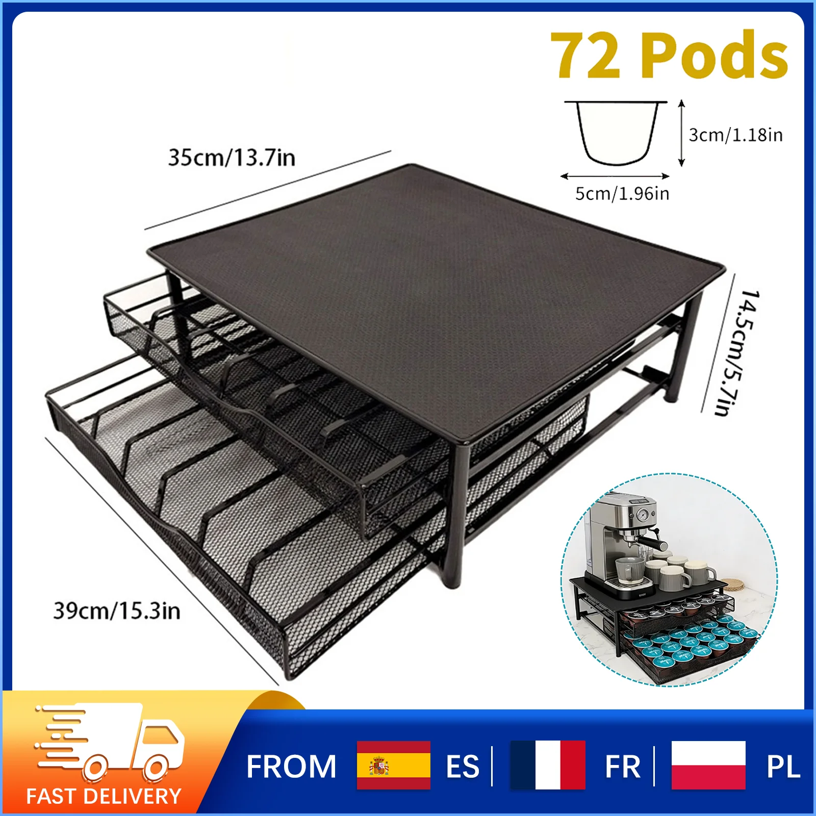 Tiroir de rangement pour 72 capsules de café, support métallique pour capsules Dolce Gusto avec tapis antidérapant pour bar à café, organisateur de cuisine