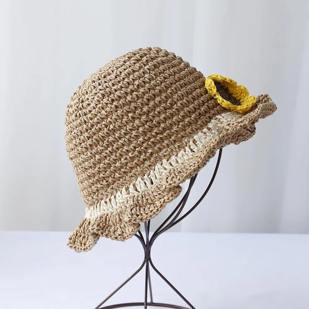 new Cute and Sweet Children\'s straw hat, girl\'s sun hat, sunflower hat, lace with windproof rope, holiday hat handmade straw hat