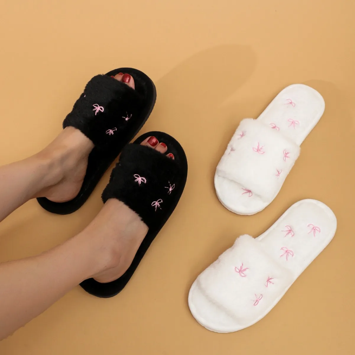 2026 New Arrival Winter Fleece Slippers Women's Warm Fake Rabbit Fur Indoor Comfortable Embroidered Bow Flat Shoes