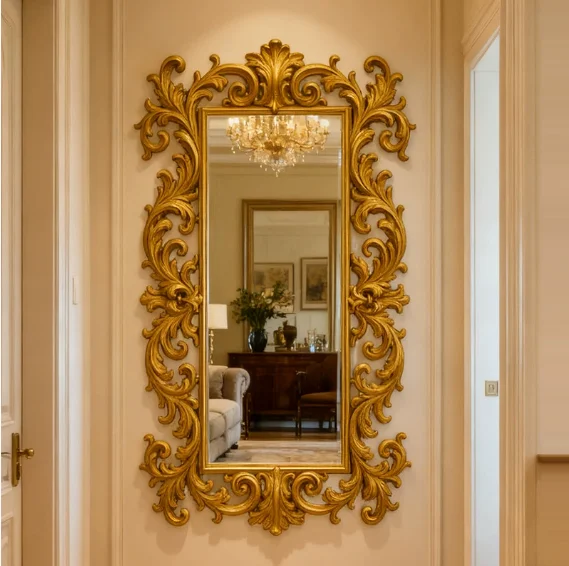 Factory wholesale mirror luxury carved wood frame French retro clothing store full-body mirror fitting mirror