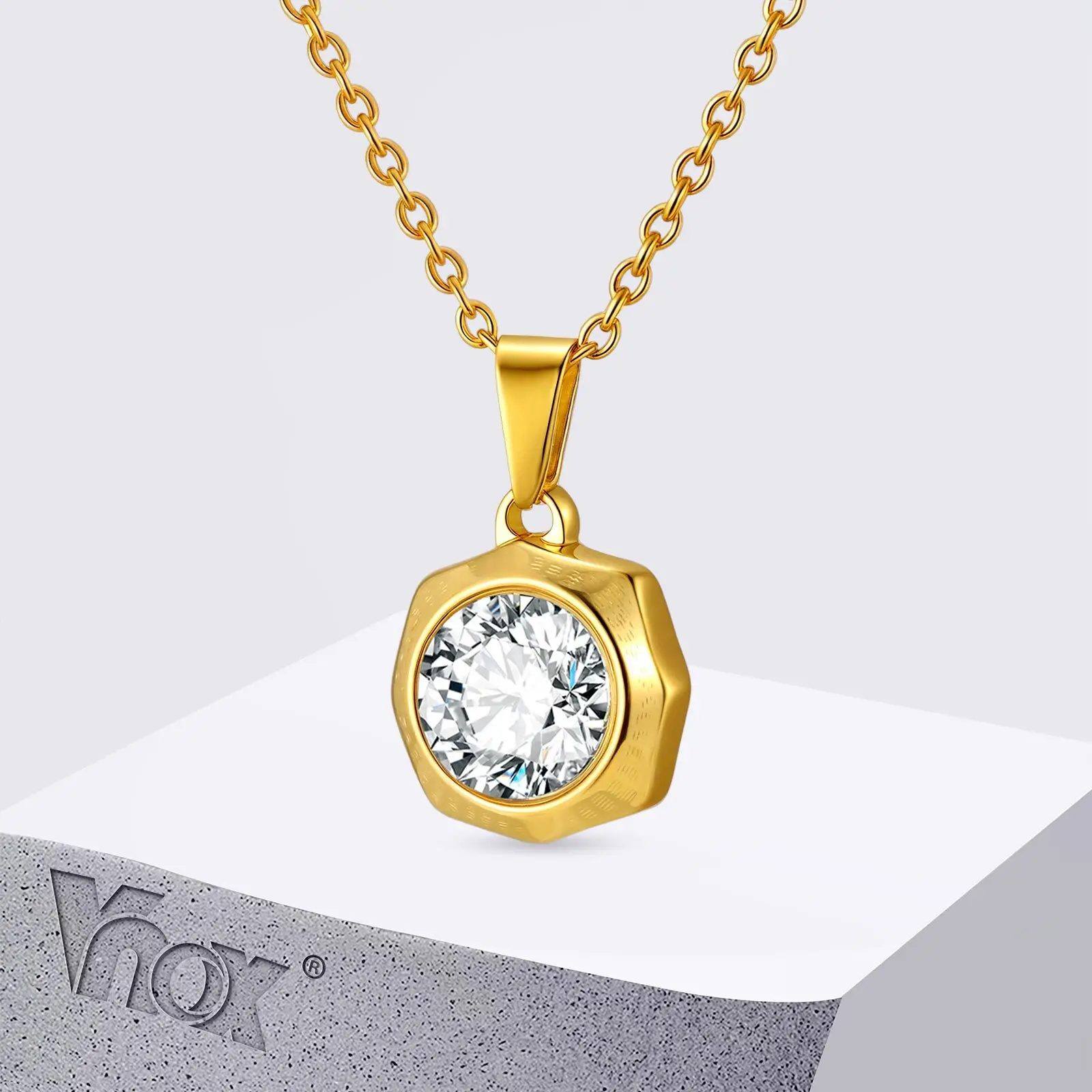 

Vnox Simple Women's Stainless Steel Necklace, Clear Zircon Geometric Small Pendant, Female Causal Jewelry