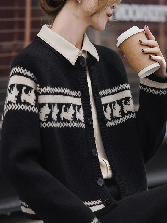 

Outlet Fair Isle Knit Sweater Women's Autumn Winter Vintage Top Color Blo Doggie Pattern Warm Long Sve round Ne Sweater