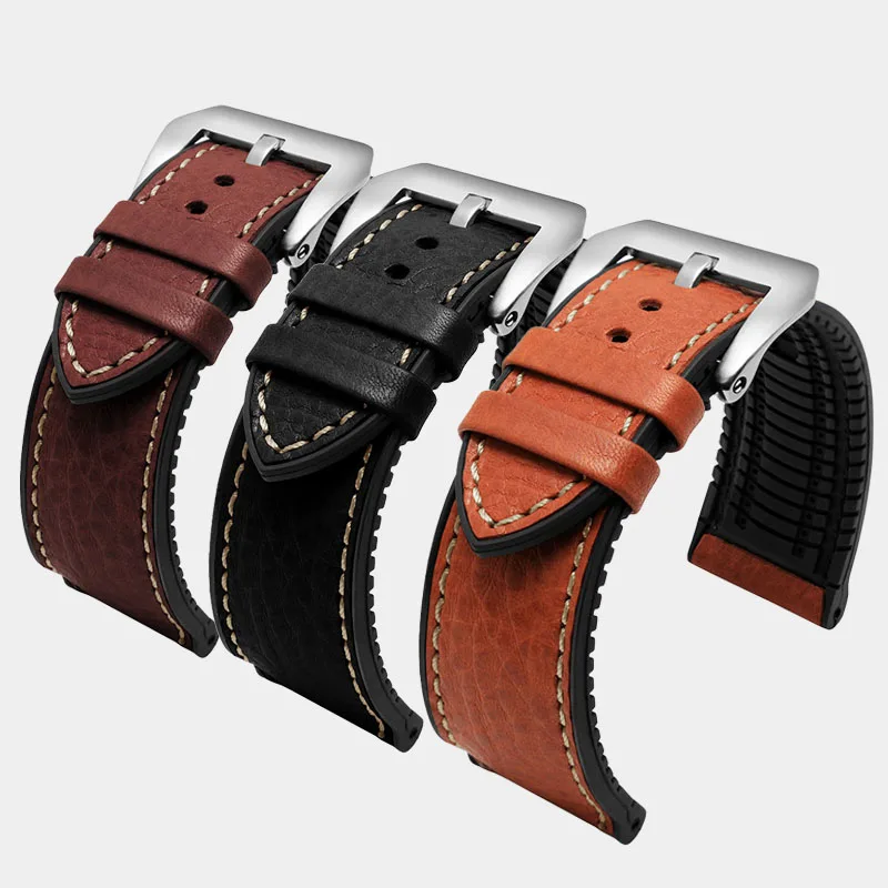 Italian cowhide lea/ther silicone bottom watch strap 20mm 22mm 24mm waterproof breathable watchband For Panerai Omega Tag heuer