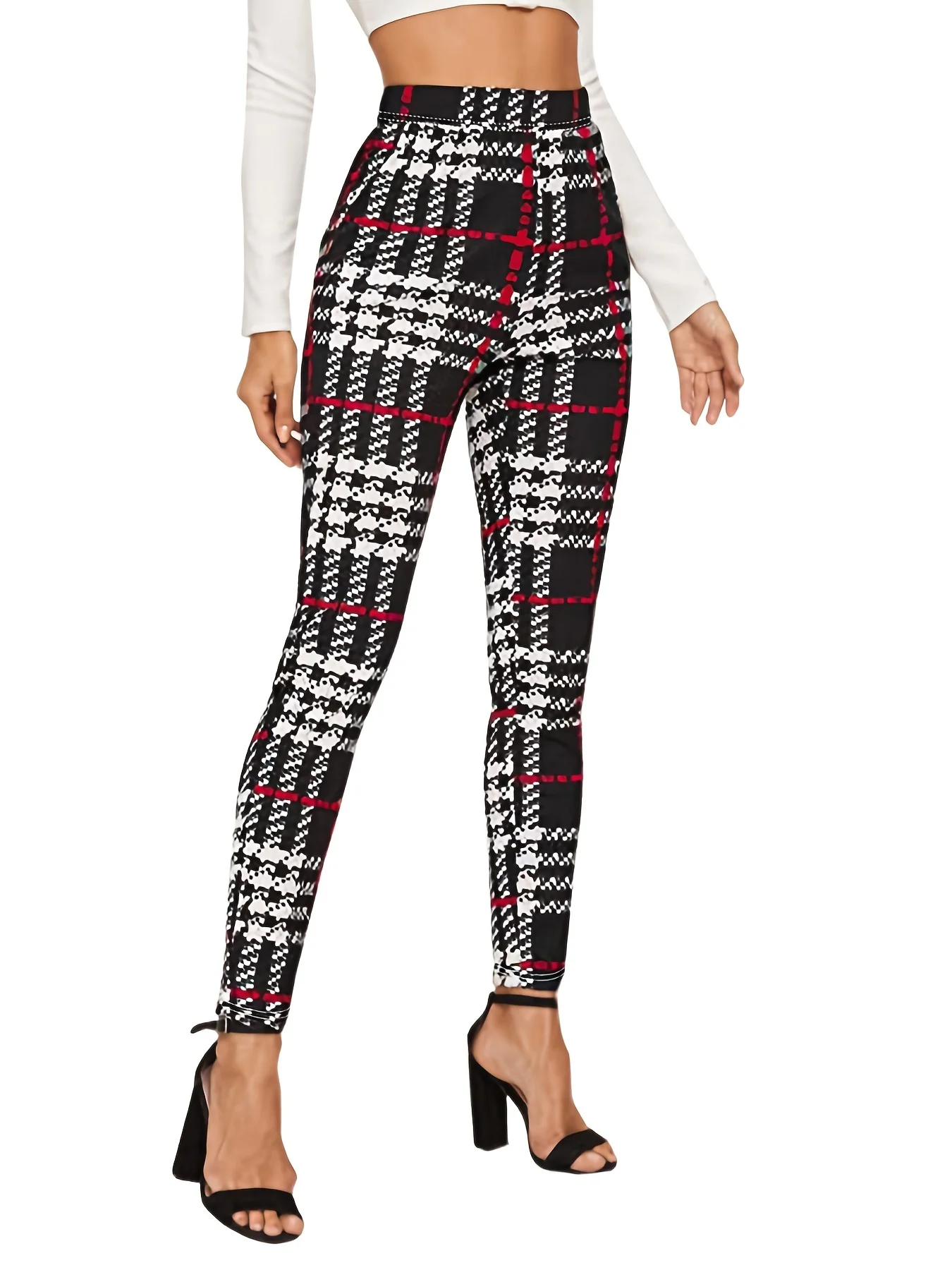 Women\'s Striped Printed Checkered Leggings High Waisted And High Elastic Leggings Casual Pencil Pants Tight Pants