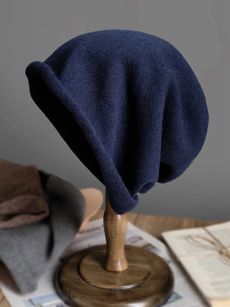 Wool Knitted Cap Roll Edge Loose Cold Cap Big Head Circumference Autumn and Winter Cashmere Wool Cap Hip-hop Pullover Cap