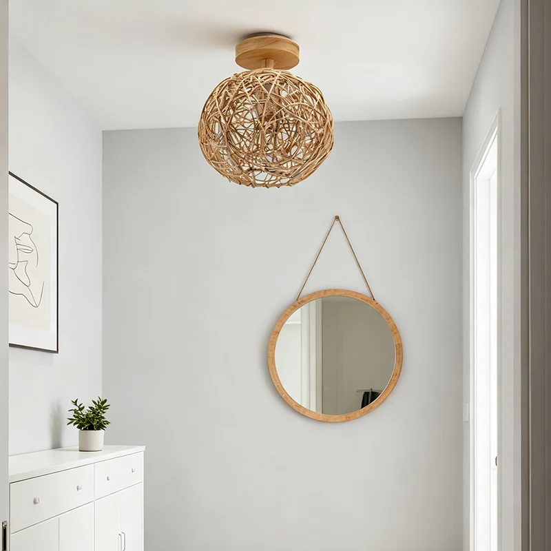 الحديثة الإبداعية الروطان الخيزران تجهيزات ضوء السقف اليد محبوك فلوش جبل E27 للداخلية ديكور جدران غرفة المنزل #1