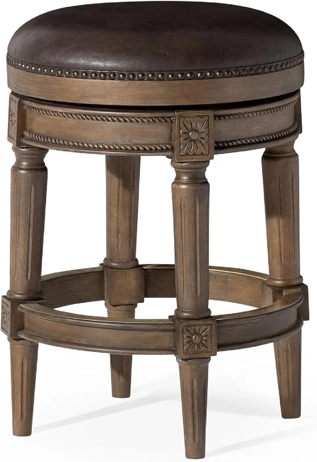 Pullman Backless Counter Stool 26 Inches - Swivel Stool with Footrest - Brown Solid Wood Frame & Beige Faux Leather Upholster