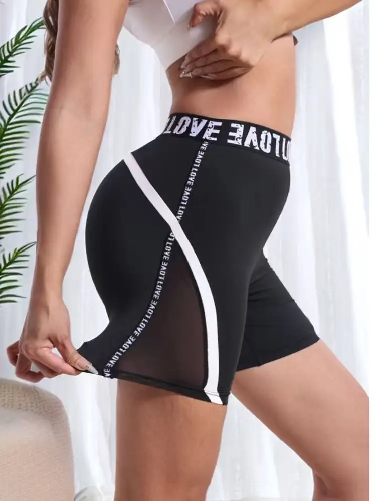 

Women's Fashionable Black Mesh Patchwork Sports Shorts, Letter Print, Butt-Lifting and Slimming, Casual Sports Shorts