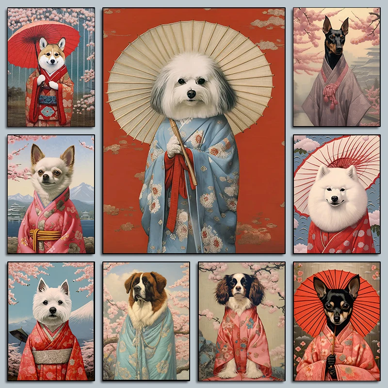 Pósteres divertidos con retratos de perros Geisha, kimono, Basset Hound, Brittany Spaniel, impresiones de diamantes, imágenes artísticas para pared, decoración para el hogar y la sala de estar