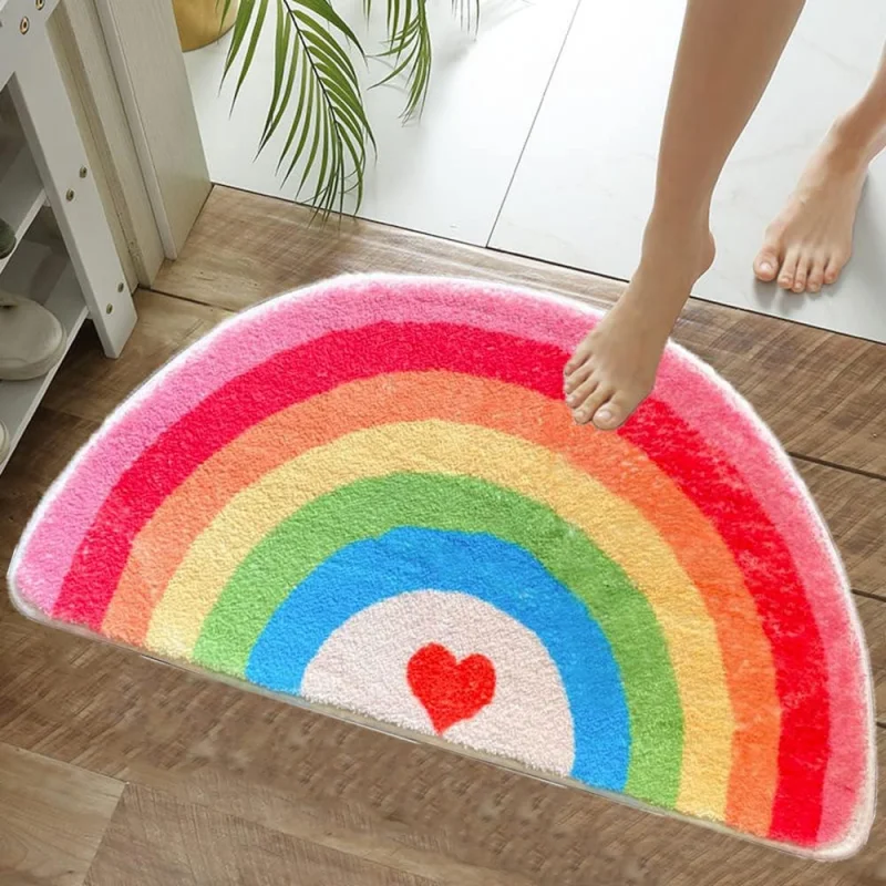 VIKAMA Half Round Rainbow Heart Plush Doormat Non Slip Water Absorbent Soft Floor Rug Bathroom Entrance Kids Room Home Decor Mat
