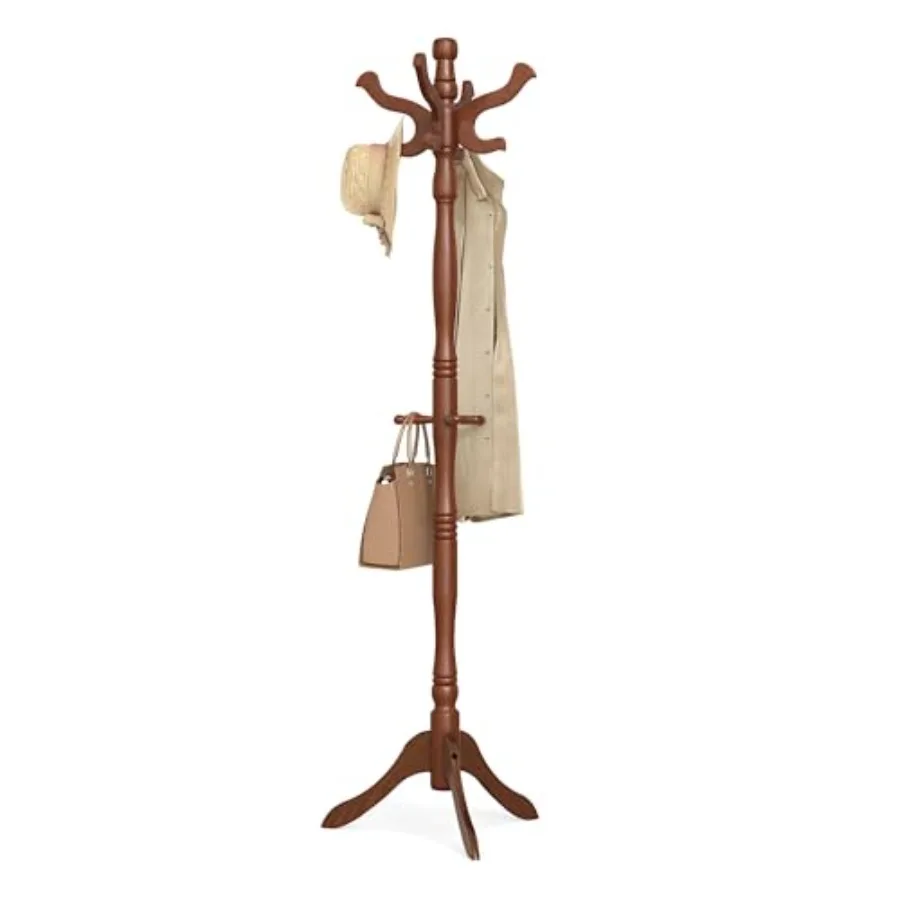 

Coat Stand Solid Wood Freestanding Coat Rack with 11 Hooks Hall Tree for Bags Purses Hats for Entryway Hallway Rubberwood Caram