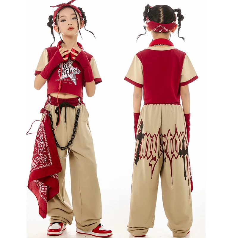 2024 Hip Hop Dance Costumes For Kids Red Crop Tops Loose Pants Suit Girls Jazz Modern Dance Performance Street Dancewear DN17787