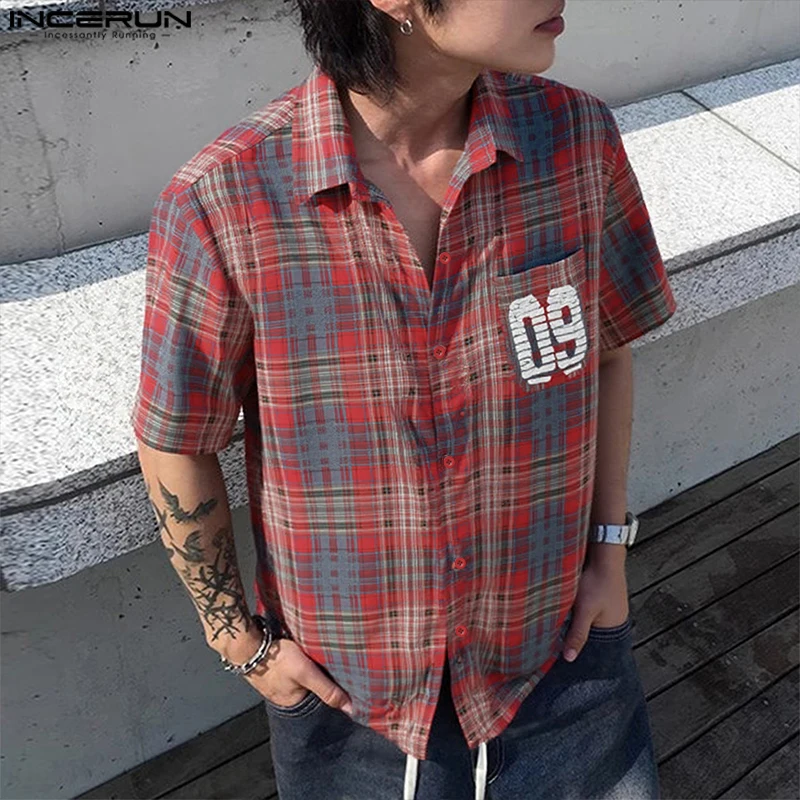 

INCERUN Men Shirt Plaid Printing Lapel Short Sleeve Button Men Clothing Summer Loose 2025 Korean Style Tops Casual Male Shirts