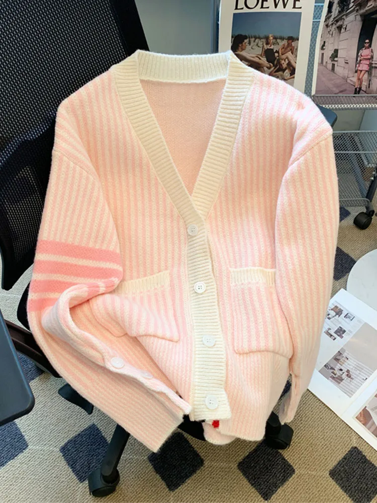 Fashion Harajuku Knitted Sweater Women Long Sleeve V-Neck Autumn Winter Striped Tops Korean Single Breasted Cardigan Oversized