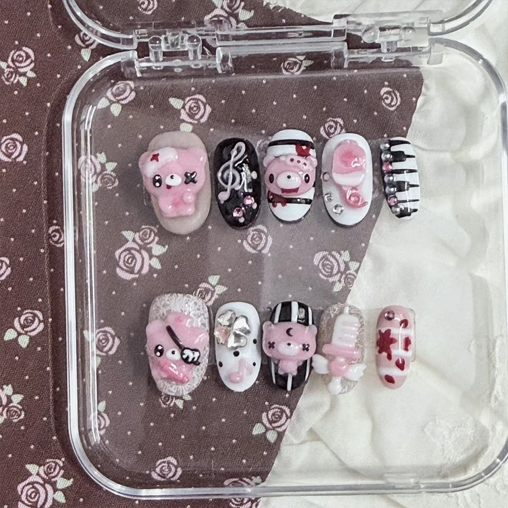 Cartoon Niedlicher Rosa Hase Dessert Liebesbär Ellipsen-Nagelkunst 3D Stern Schmetterling Knoten Flügel Punkt-Muster Künstliche Nägel Geburtstagsgeschenk – Detail 5