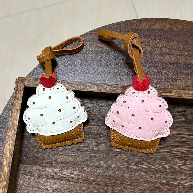 Sheepskin Small Cake Keychain For Girl Bag Charm Car Key Ring Bag Accessories Ice-cream Cone Jewelry Bag Pendant