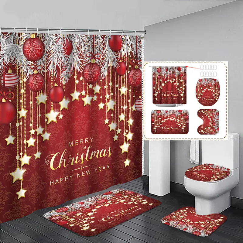 

4pcs Full Set Red Golden Christmas Shower Curtains Snowman Print Curtain 2025 New for New Year Bathroom Decoration With Hooks