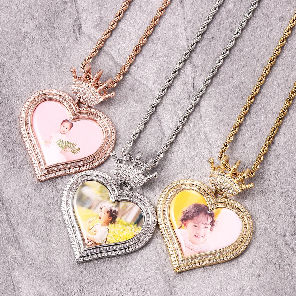 

2pcs/ Bag Exquisite Iced Out Zircon Picture Crown Hook Pendants HipHop CZ Love Heart Frame Men Women Couple Photo Necklace