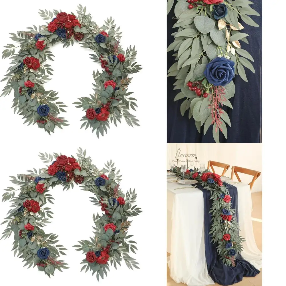 

6-футовая эвкалиптовая гирлянда с бордовыми цветами для декора свадебного и праздничного стола