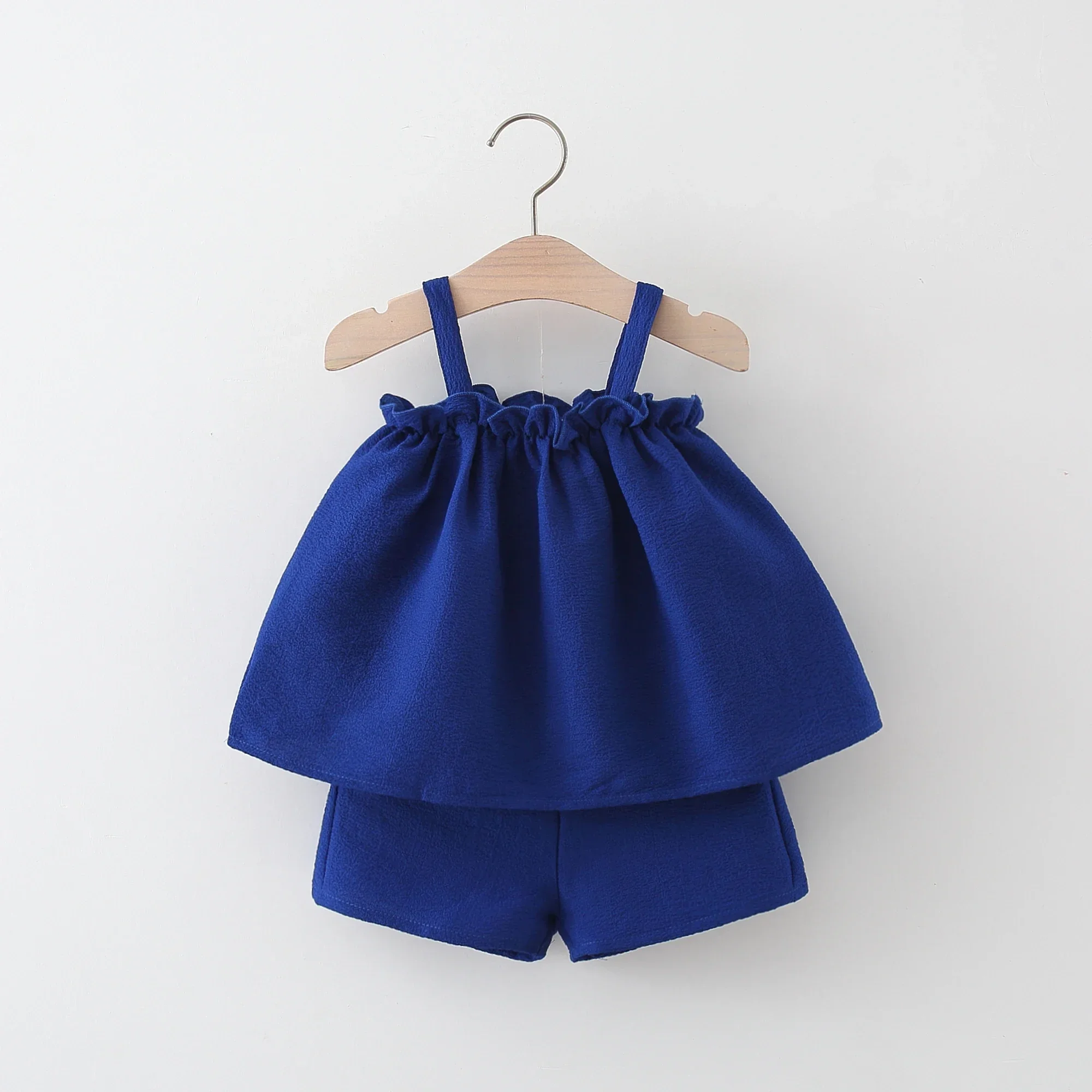 2PCS Summer New Solid Cotton Linen Set Two Piece Fashion Children's Clothing with Suspended Top and Shorts