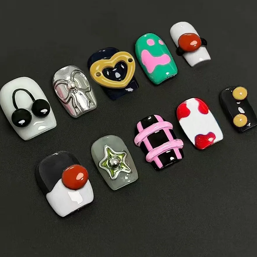 

10pcs 3D Yellow Heart Press on Nails Y2K Square False Nails Kawaii Wearable Stick-on Nails Fake Nail Uñas Накладные Ногти 네일팁