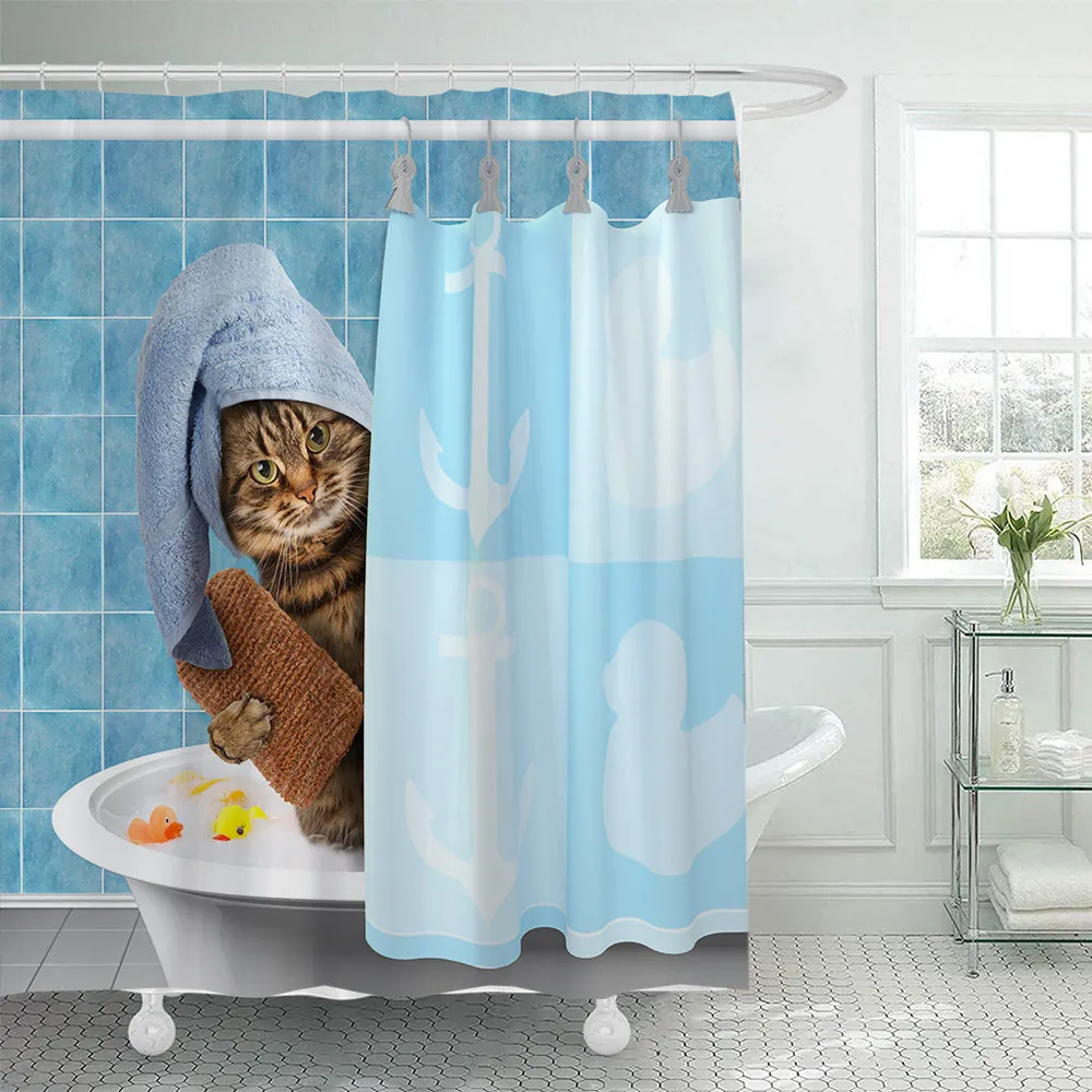 Cute cartoon cat print bathroom shower curtain partition curtain with 12 C-shaped plastic hooks