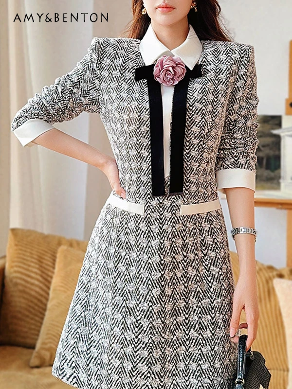 

French Temperament Three-dimensional Flower Lapel Long-sleeved Plaid Dress Women Fashion Splicing Color Slim Mini A-line Dress