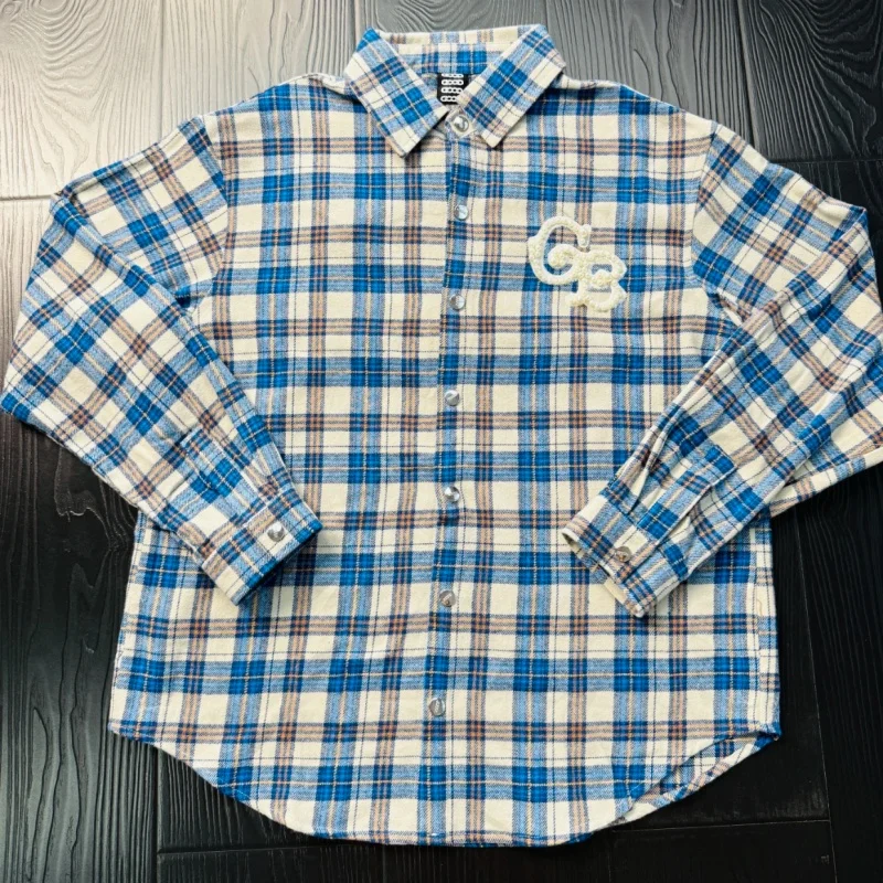 

25ss New Autumn Fashion Blue Checkered Shirts GOODBRAND Heavy Industry Pearl Embroidered Letter Logo Men Women Long Sleeve Tops