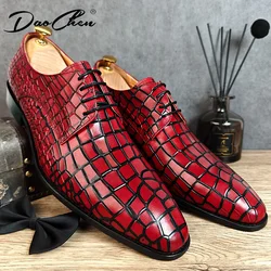 Luxury Mens Pointed Toe Derby Leather Shoes Red Crocodile Print Lace-Up Casual Shoes Wedding Office Party Dress Shoes For Man