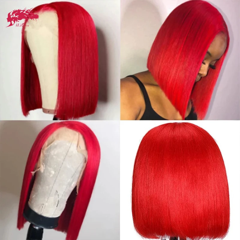 Ali Queen 13x4 Short Bob Wigs Red Color 180% Density Transparent Lace Pre Plucked Bone Human Hair Lace Front Bob Wigs For Women