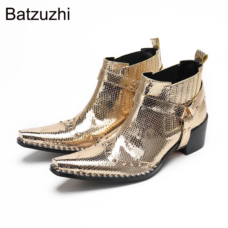Batzuzhi, botas doradas florales para hombre, zapatos Vintage de Metal con punta en pico, botas cortas de cuero Rock para hombre, tacones de 6,5 cm, tallas grandes