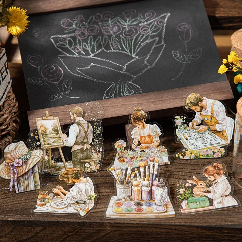15Pcs Handbook Material Sheets Sticker Pack Career Dreamer Floral Art Scenic Base package Characters Scrapbook 146*90mm