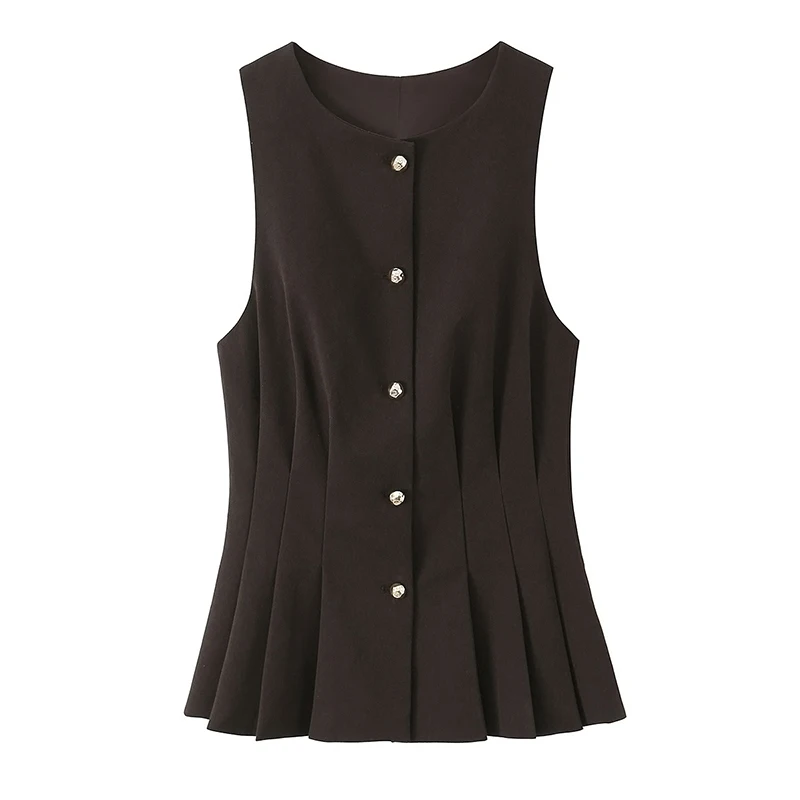 

YENKYE New Women Brown Pleated Vest Front Button O Neck Sleeveless Office Elegant Waistcoat Fitted Tops