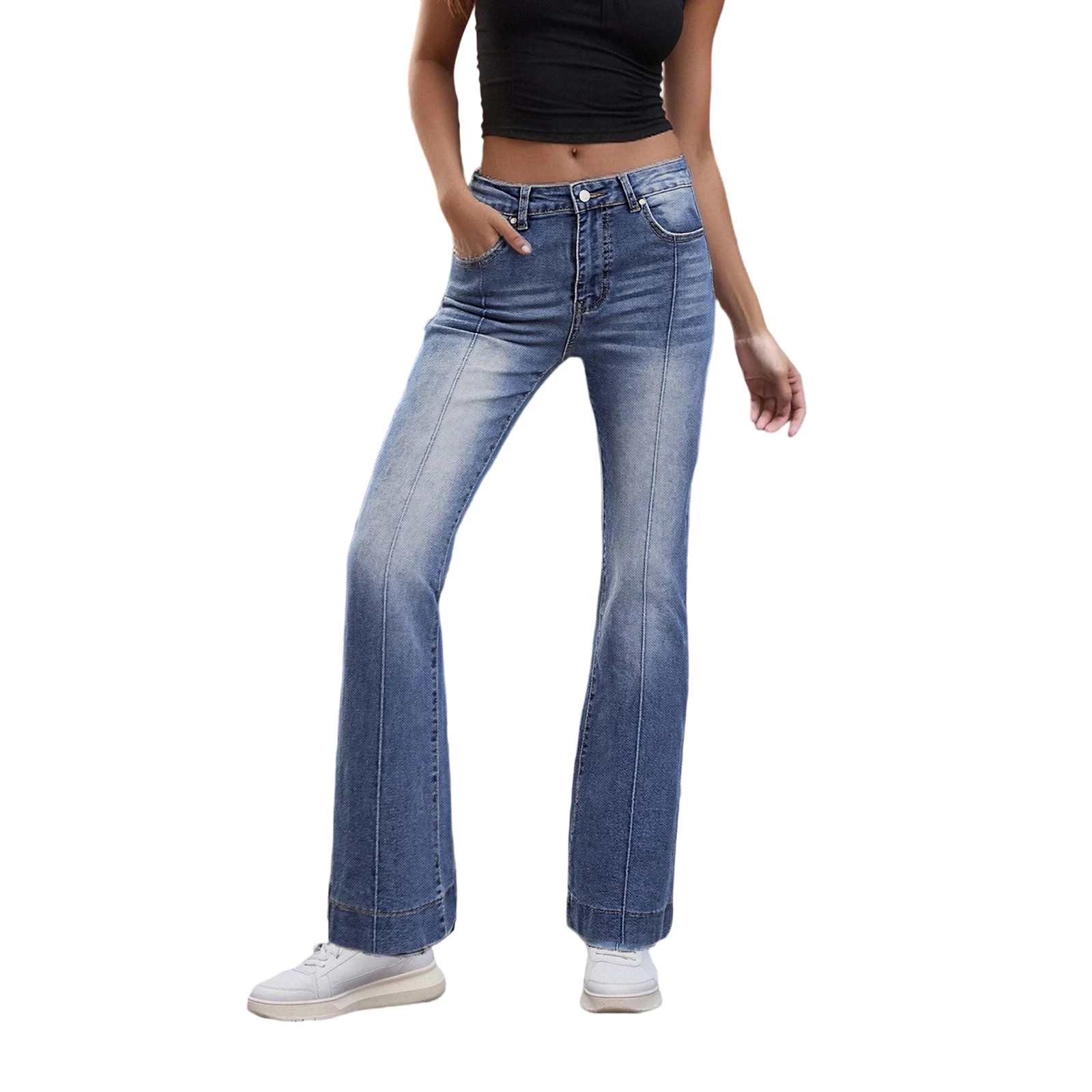 

Женские джинсы со средней посадкой, модные повседневные расклешенные брюки со звездами и карманами на все сезоны