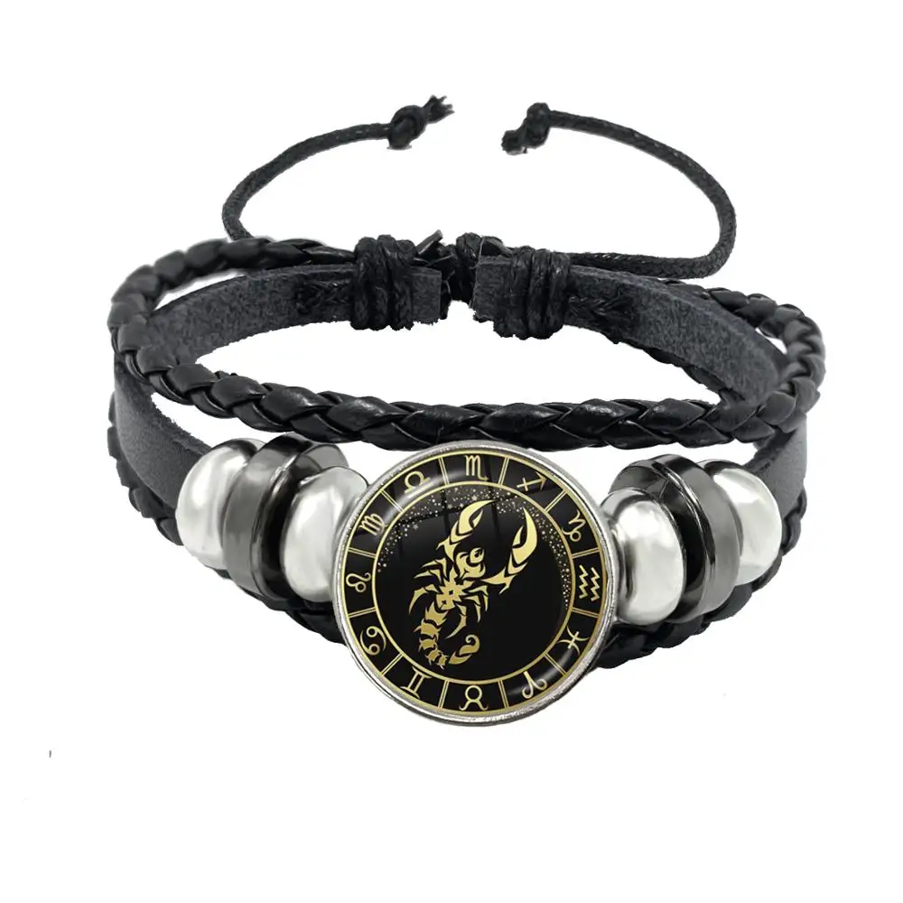 12 Constellation Bracelet Scorpio Sagittarius Capricorn Aquarius Black Rope Leather Button Bracelet Zodiac Jewelry For Gift