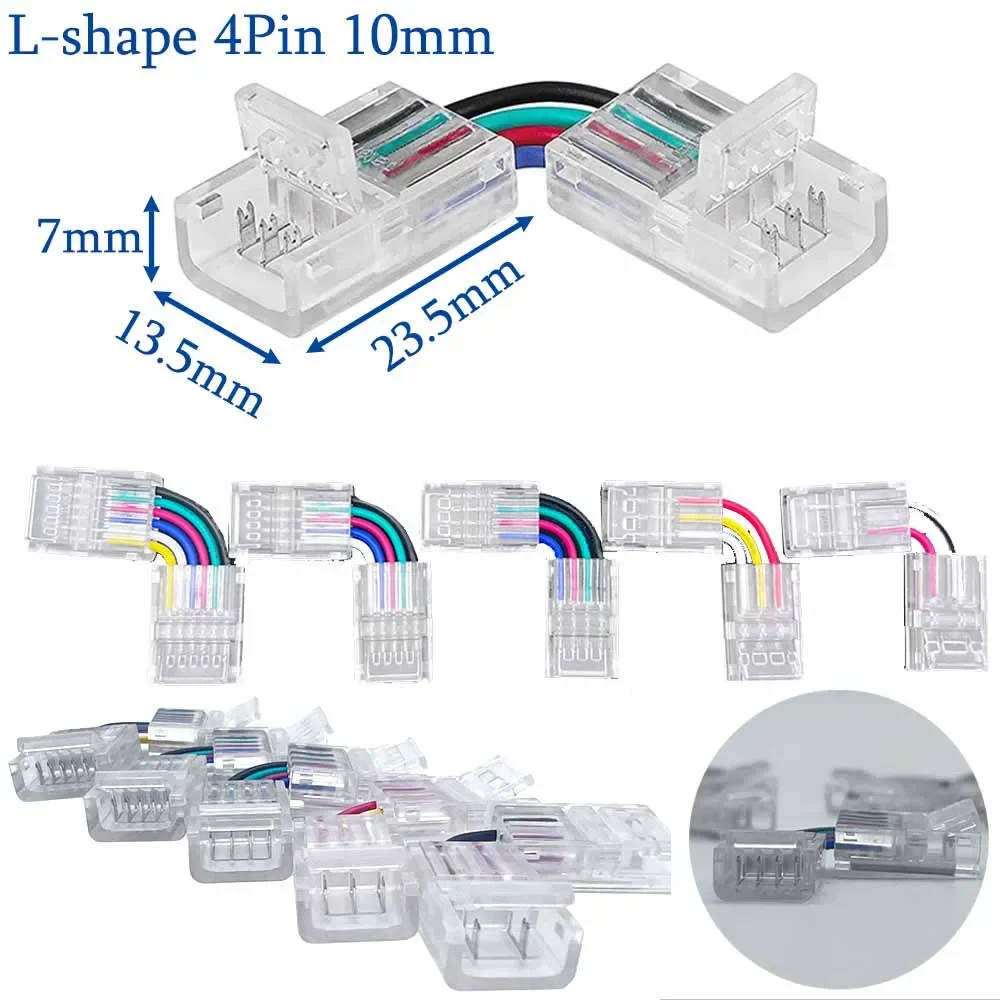 Conectores transparentes em forma de L, solda livre, única cor, CCT, RGB, RGBW, RGBCCT, faixa SMD, 90 graus, 2 pinos, 3 pinos, 4 pinos, 5 pinos, 6 pinos, 8 milímetros, 10 milímetros, 12 milímetros