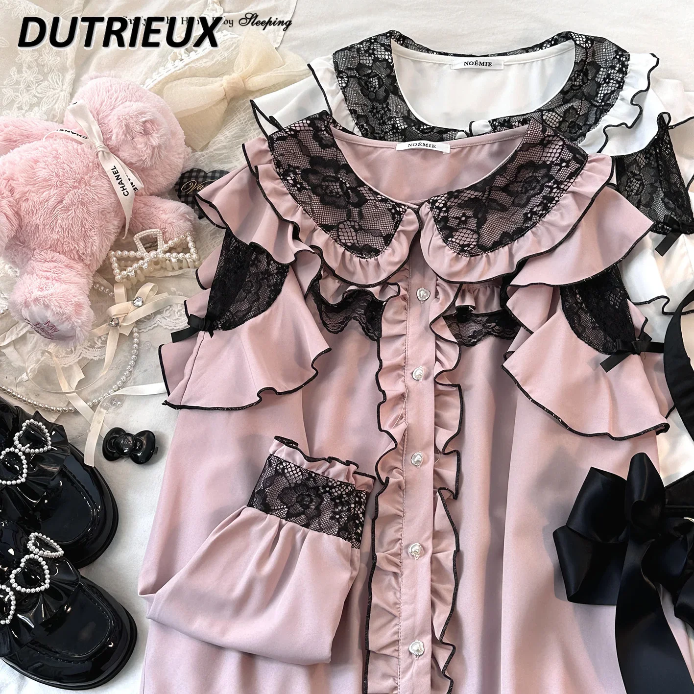 Japanese Lolita Lotus Leaf Edge Lace Contrasting Long-sleeved Shirt Spring Autumn New Mine Chiffon Doll Collar Versatile Tops