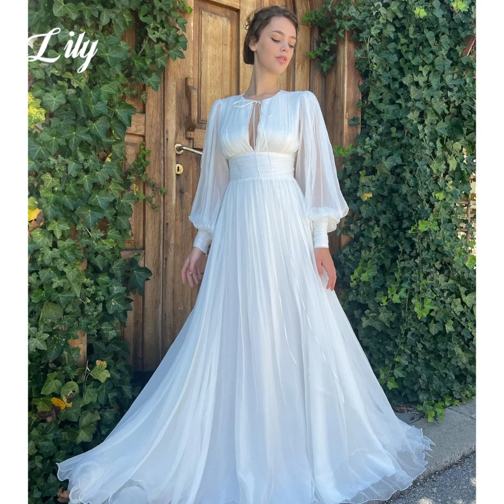 

Lily White Elegant Evening Dresses V-Neck Lantern Sleeve Prom Dress Tulle A-Line Prom Gown for Woman robes du soir Customized