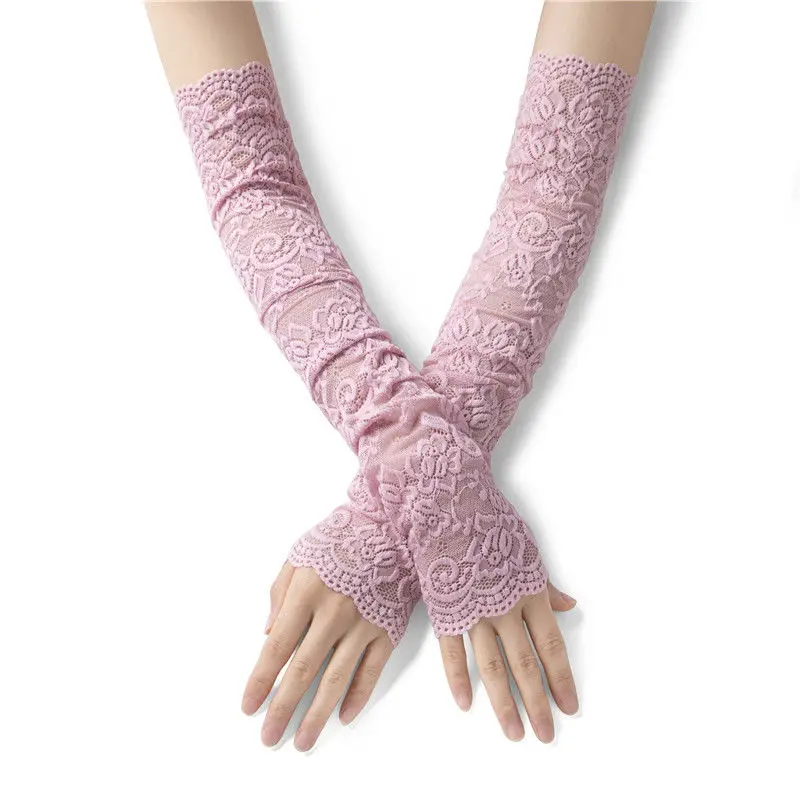 Guantes de protección solar para mujer, manguitos largos de encaje, color negro, blanco, Beige, rosa, 43CM