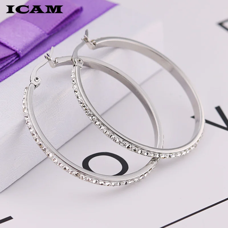 ICAM 2018 New Fashion Bling Bling Hoop Earrings For Women Shiny Crystal Hollow Round Circle Ear Jewelry Gift For Wedding Brincos