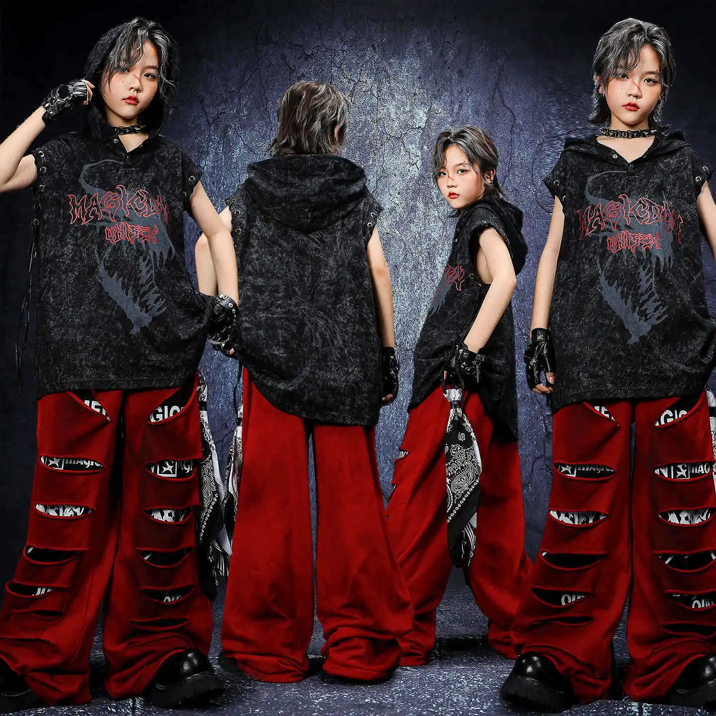 

Kid Kpop Hip Hop Clothing Black Print Hoodie Tank Top Red Casual Wide Distressed Ripped Pants for Girl Boy Dance Costume Clothes