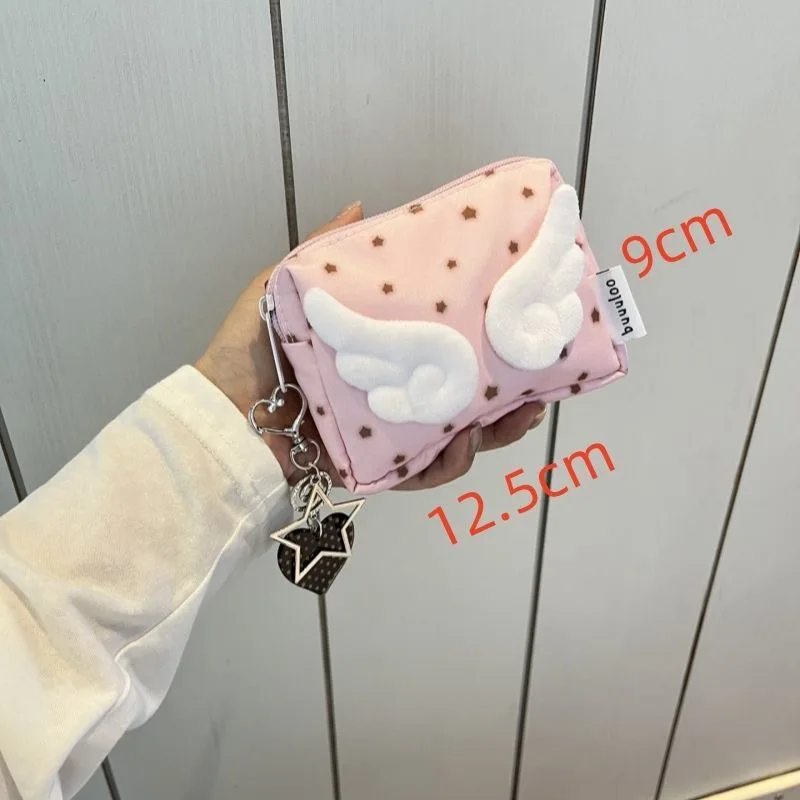 Cute Angel Wing Zipper Pouch, Kawaii Star Print Cosmetic Bag, Mini Nylon Organizer for Makeup & Small Items